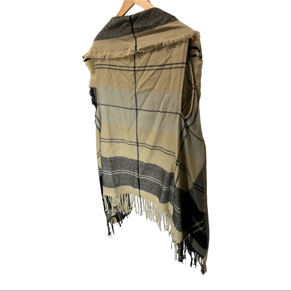 LILDY PLAID BEIGE AND BLACK FRINGED OPEN FRONT WATERFALL CARDIGAN VEST SZ L/XL - Picture 9 of 11